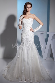 Corte Sirena Escote Corazón Barrer / cepillo tren Sin Mangas Encaje Vestido de Novia