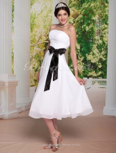 Corte A Over Elastic Woven Satén Hasta la Tibia Gasa Strapless Vestido de Novia with Ribbon