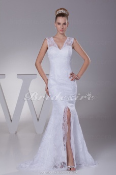 Corte Sirena Escote en V Barrer / cepillo tren Sin Mangas Satén Encaje Vestido de Novia