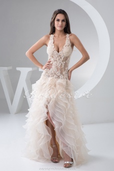Corte A Escote Halter Hasta el Suelo Sin Mangas Organza Encaje Vestido de Novia