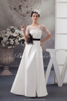Corte A Escote Joya Hasta el Suelo La mitad de manga Satén Vestido de Novia