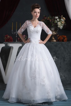 Corte Princesa Escote en V Hasta el Suelo La mitad de manga Satén Gasa Vestido de Novia