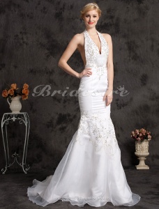 Corte Sirena/ Trumpet Satén Organza Cola Corte Escote Halter Vestido de Novia