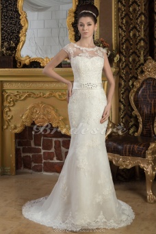 Corte Sirena Escote Corazón Hasta el Suelo Cola Corte Manga Corta Satén Encaje Vestido de Novia