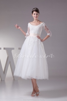 Corte Princesa Escote A la Base Hasta la Tibia Manga de longitud 3/4 Tul Satén Vestido de Novia