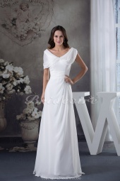 Corte Recto Escote en V Hasta el Suelo Manga Corta Gasa Vestido de Novia