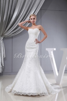 Corte Sirena Escote Corazón Barrer / cepillo tren Sin Mangas Encaje Vestido de Novia