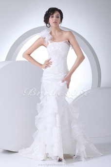 Corte Sirena Solo Hombro Barrer / cepillo tren Sin Mangas Satén Organza Vestido de Novia