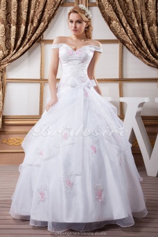 Corte Princesa Hombros Caídos Hasta el Suelo Sin Mangas Satén Organza Vestido de Novia