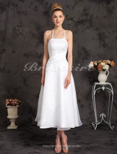 Corte A Organza Hasta la Tibia Escote Halter Vestido de Novia with Beaded Apliques