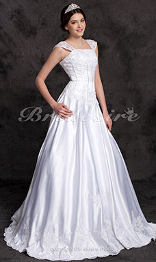 Corte A Corte Princesa Satén Hasta el Suelo Vestido de Novia With Beaded Apliques