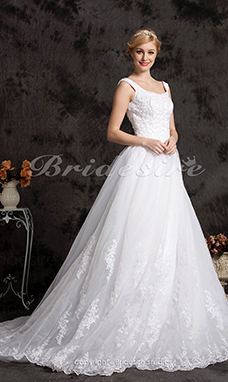 Corte Evasé Organza Satén Cola Gorrailla Hombros Caídos Vestido de Novia
