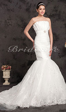 Corte Sirena/Trumpet Tafetán Cola Gorrailla Strapless Vestido de Novia