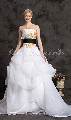 Corte Evasé Organza Barrer / cepillo tren Strapless Vestido de Novia With Apliques