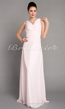 Corte A Gasa Escote en V Hasta el Suelo Vestido de dama de honor With Criss-Cross Bodice