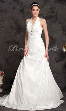 Corte A Tafetán Cola Gorrailla Escote Halter  Vestido de Novia