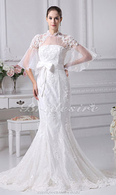 Corte Sirena Escote Alto Cola Gorrailla La mitad de manga Encaje Satén Organza Vestido de Novia
