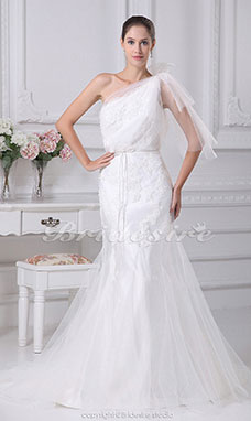 Corte Sirena Solo Hombro Cola Corte La mitad de manga Satén Tul Vestido de Novia