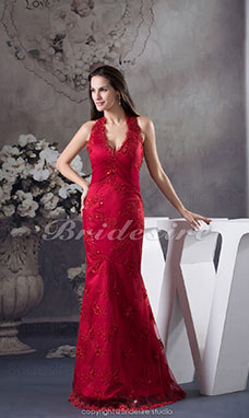 Corte Sirena Escote Halter  Hasta el Suelo Sin Mangas Satén Vestido