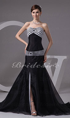Corte Sirena Escote Corazón Cola Corte Sin Mangas Organza Tafetán Vestido de fiesta