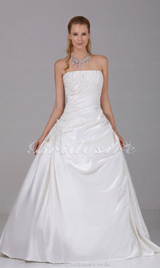 Corte Evasé Strapless Hasta el Suelo Sin Mangas Satén Vestido de Novia