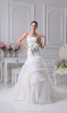 Corte Sirena Strapless Cola Gorrailla Sin Mangas Organza Encaje Vestido de Novia