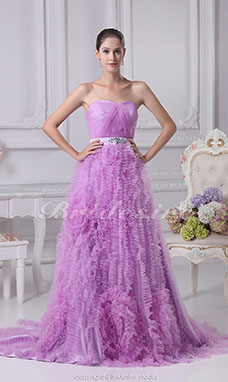 Corte A Strapless Cola Corte Sin Mangas Organza Vestido
