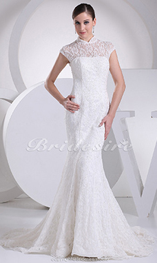 Corte Sirena Escote Alto Barrer / cepillo tren Sin Mangas Encaje Vestido de Novia