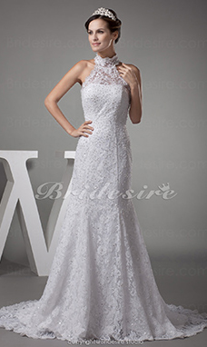 Corte Sirena Escote Alto Barrer / cepillo tren Sin Mangas Encaje Vestido de Novia