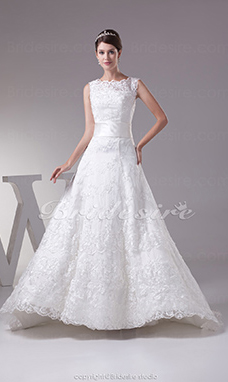 Corte A Escote Barco Barrer / cepillo tren Sin Mangas Encaje Vestido de Novia