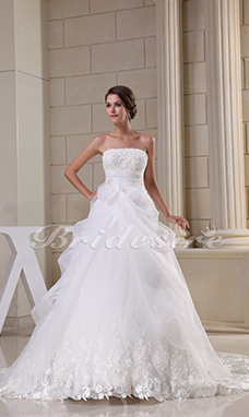 Corte Evasé Strapless Cola Gorrailla Sin Mangas Organza Encaje Vestido de Novia