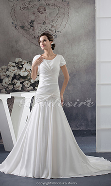 Corte A Escote A la Base Cola Corte Manga Corta Satén Vestido de Novia