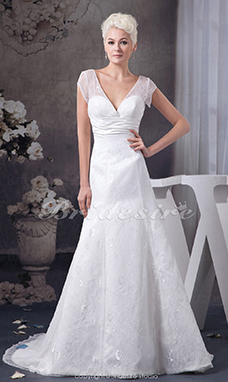 Corte A Escote en V Cola Corte Manga Corta Encaje Vestido de Novia