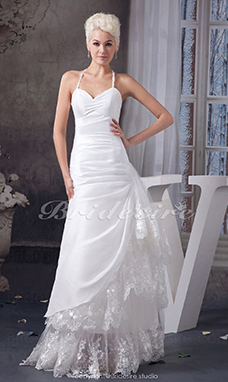 Corte A Escote Halter  Hasta el Suelo Sin Mangas Satén Encaje Vestido de Novia