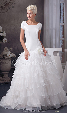 Corte A Escote Cuadrado Cola Corte Manga Corta Satén Organza Vestido de Novia