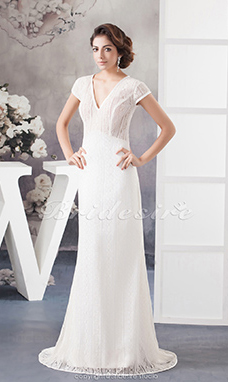 Corte Recto Escote en V Hasta el Suelo Manga Corta Encaje Vestido de Novia
