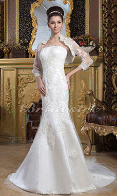 Corte Sirena Strapless Hasta el Suelo Barrer / cepillo tren Manga de longitud 3/4 Satén Encaje Vestido de Novia