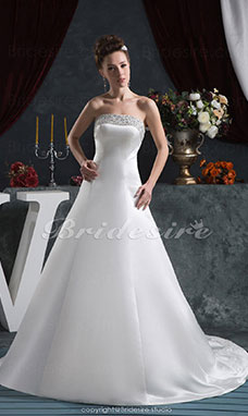 Corte A Strapless Hasta el Suelo Cola Gorrailla Sin Mangas Satén Vestido de Novia