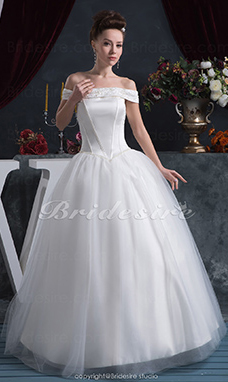 Corte Evasé Hombros Caídos Hasta el Suelo Sin Mangas Satén Organza Vestido de Novia