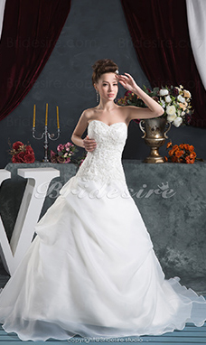 Corte A Escote Corazón Hasta el Suelo Sin Mangas Satén Organza Vestido de Novia