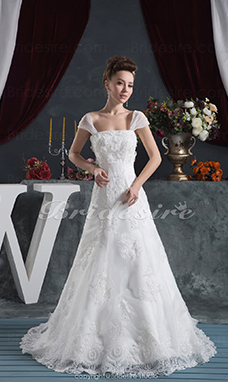 Corte A Strapless Hasta el Suelo Barrer / cepillo tren Manga Corta Satén Encaje Vestido de Novia