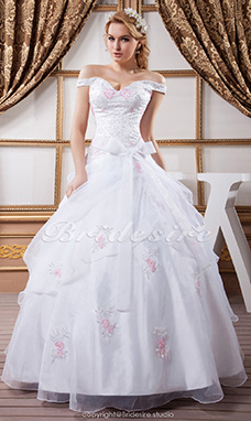 Corte Princesa Hombros Caídos Hasta el Suelo Sin Mangas Satén Organza Vestido de Novia
