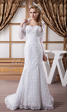 Corte Sirena Escote Corazón Hasta el Suelo Barrer / cepillo tren Manga Larga Satén Encaje Vestido de Novia