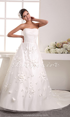 Corte A Strapless Hasta el Suelo Barrer / cepillo tren Sin Mangas Satén Gasa Vestido de Novia