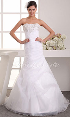 Corte A Strapless Hasta el Suelo Sin Mangas Satén Gasa Vestido de Novia